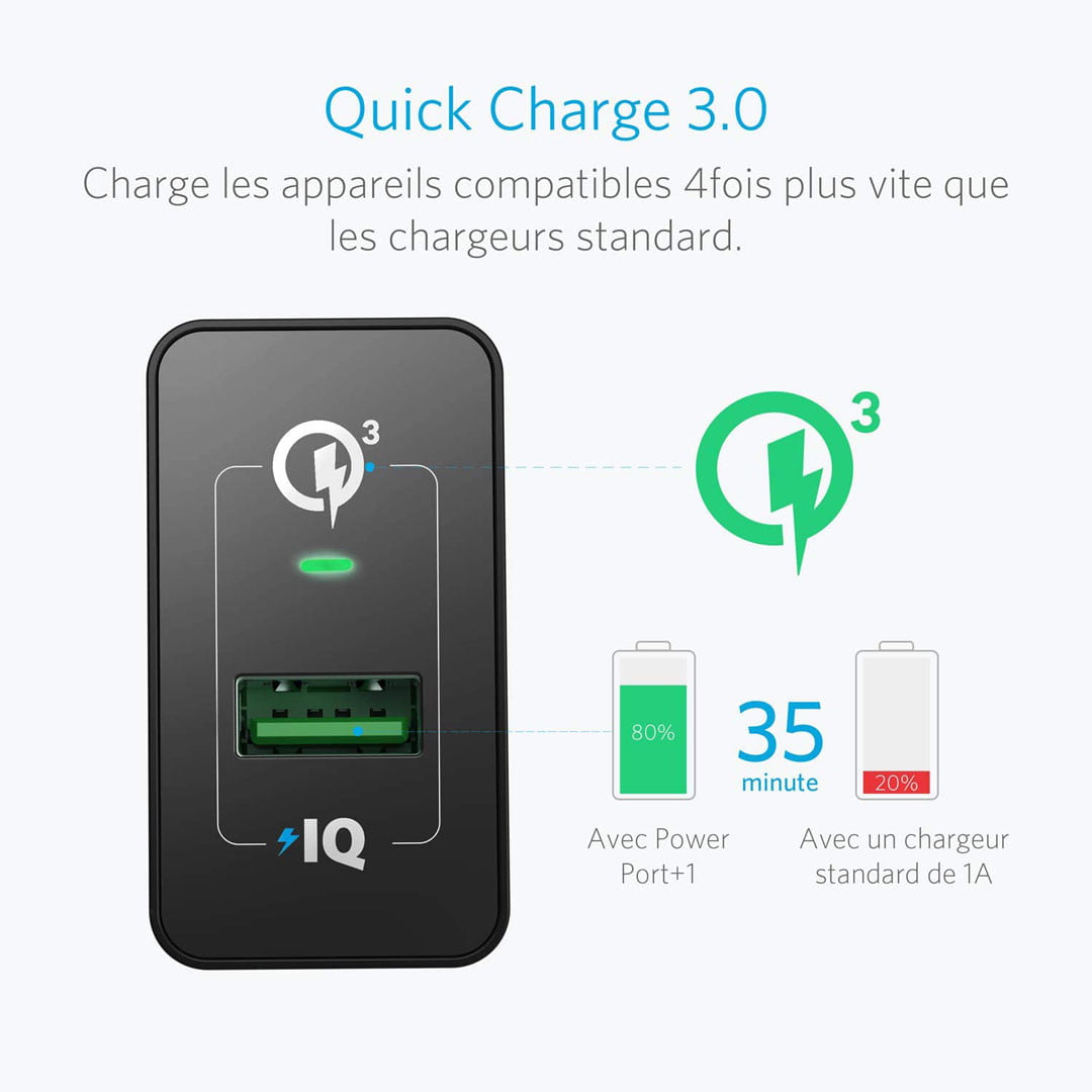 Charger Anker PowerPort+1 Quick Charge USB 3.0 18W au Maroc